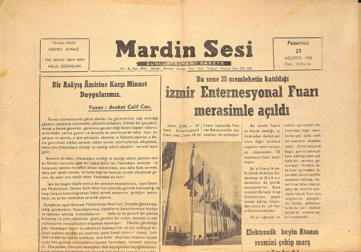 Mardin Sesi Gazetesi 23 Ağustos 1965 - 35 Memleketin Katıldığı İzmir Enternesyonal Fuarı Merasimle Açıldı GZ136615 - 1