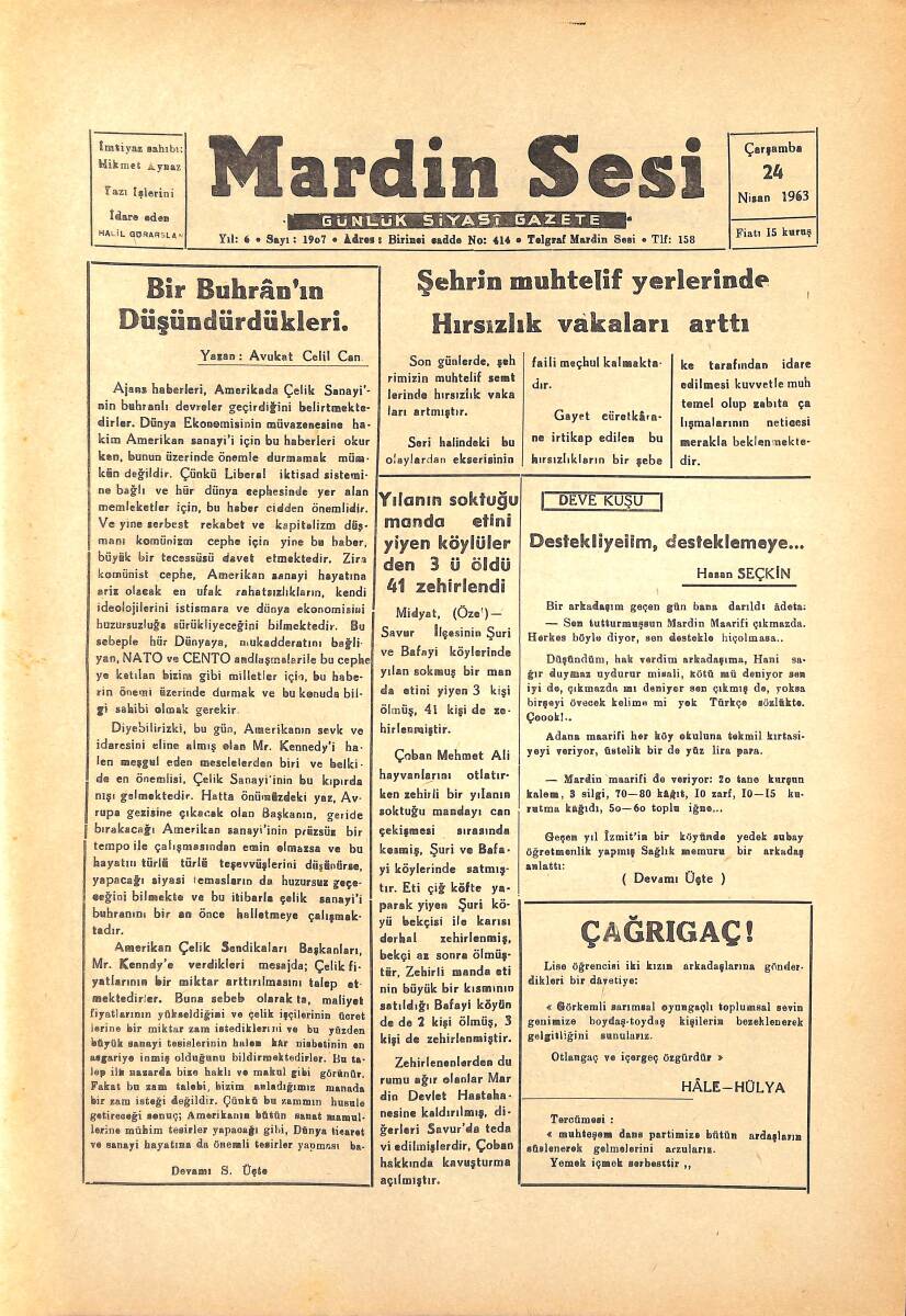 Mardin Sesi Gazetesi 24 Nisan 1963 - Şehrin Muhtelif Yerlerinde Hırsızlık Vakaları Arttı - Bir Buhran'ın Düşündükleri GZ136609 - 1
