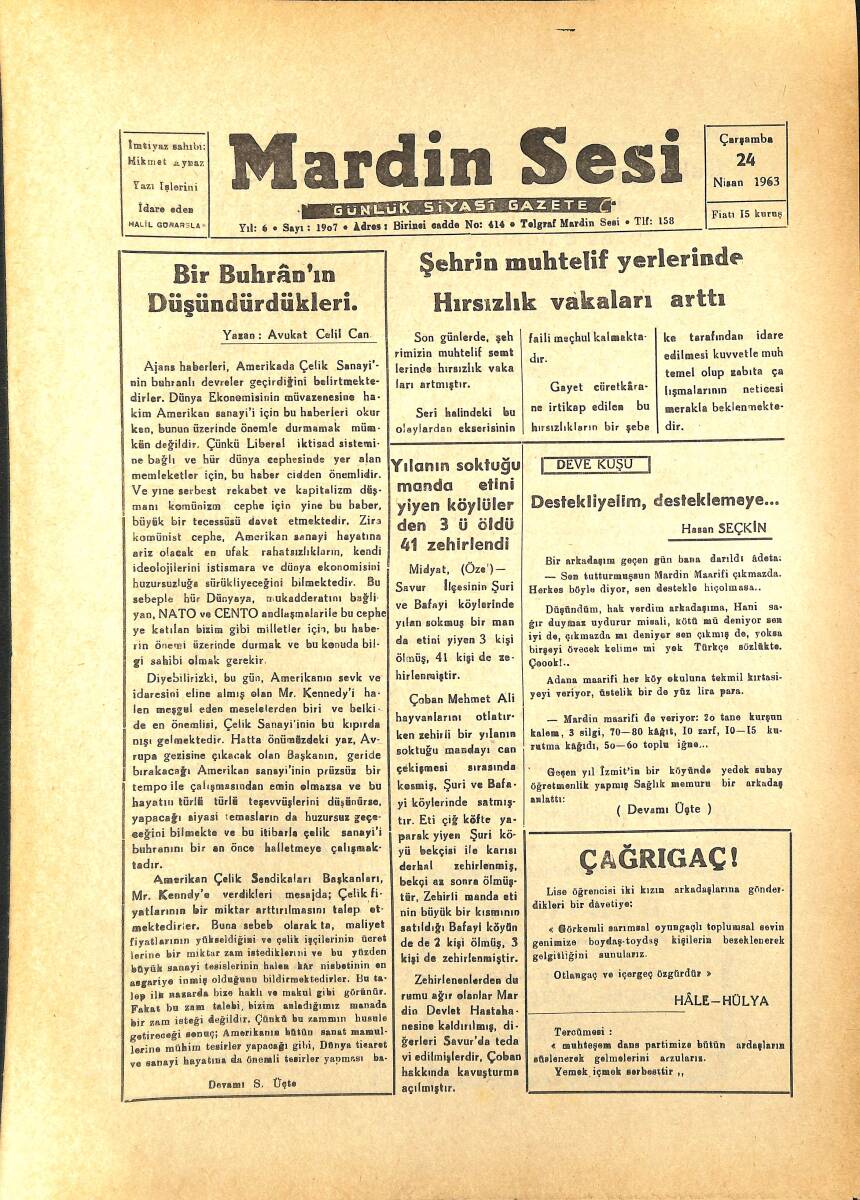 Mardin Sesi Gazetesi 24 Nisan 1963 - Şehrin Muhtelif Yerlerinde Hırsızlık Vakaları Arttı GZ154055 - 1