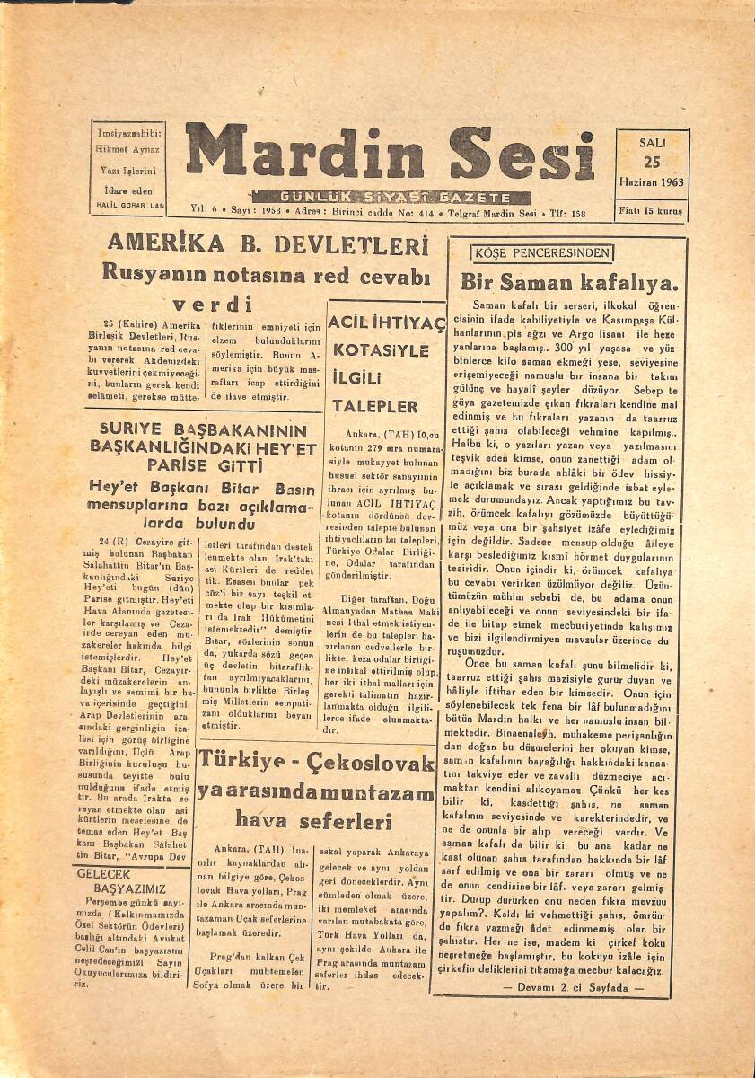 Mardin Sesi Gazetesi 25 Haziran 1963 - Amerika B. Devletleri Rusya'nın Notasına Red Cevabı Verdi GZ136576 - 1