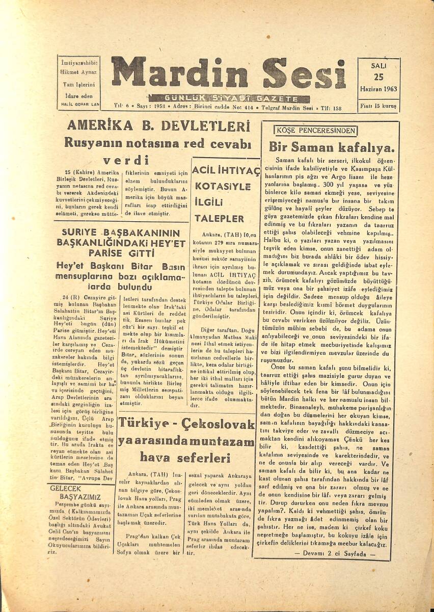 Mardin Sesi Gazetesi 25 Haziran 1963 - Türkiye-Çekoslovakya Arasında Muntazam Hava Seferleri - Bir Türk Otelcilik Uzmanı İsrail'de GZ136589 - 1
