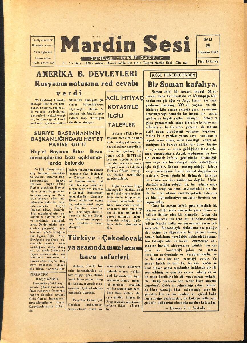 Mardin Sesi Gazetesi 25 Haziran 1963 - Türkiye Çekoslovakya Arasında Muntazam Hava Seferleri - Kırkpınar'da Beğenilenler GZ154408 - 1