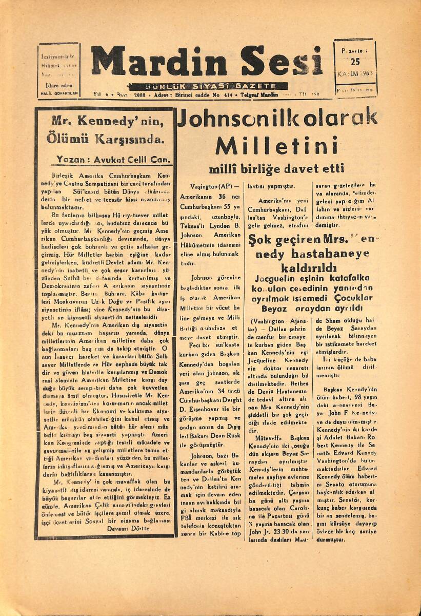 Mardin Sesi Gazetesi 25 Kasım 1963 - Şok Geçiren Mrs. Kennedy Hastaneye Kaldırıldı GZ136574 - 1