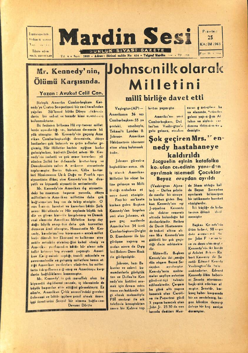 Mardin Sesi Gazetesi 25 Kasım 1963 - Şok Geçiren Mrs. Kennedy Hastaneye Kaldırıldı GZ154059 - 1