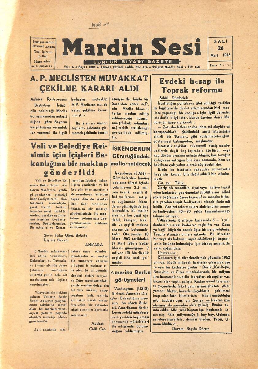 Mardin Sesi Gazetesi 26 Mart 1963 - Vali ve Belediye Reisimiz İçin İçişleri Bakanlığına Bir Mektup Gönderildi GZ136578 - 1