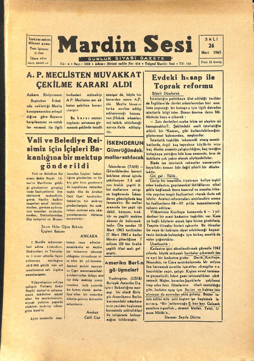 Mardin Sesi Gazetesi 26 Mart 1963 - Vali ve Belediye Reisimiz İçin İçişleri Bakanlığına Bir Mektup Gönderildi GZ154061 - 1
