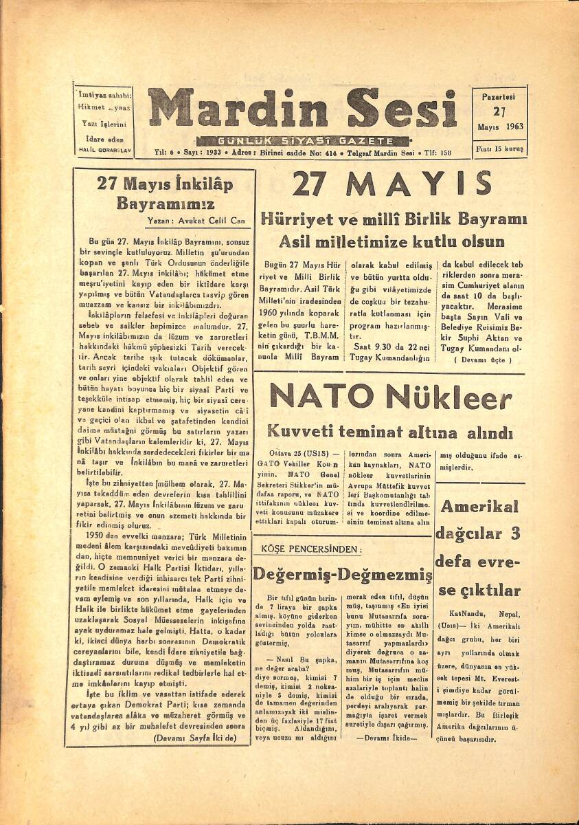 Mardin Sesi Gazetesi 27 Mayıs 1963 - Nato Nükleer Kuvveti Teminat Altına Alındı - Bulgaristan Da Kuraklıkla Mücadele GZ136601 - 1