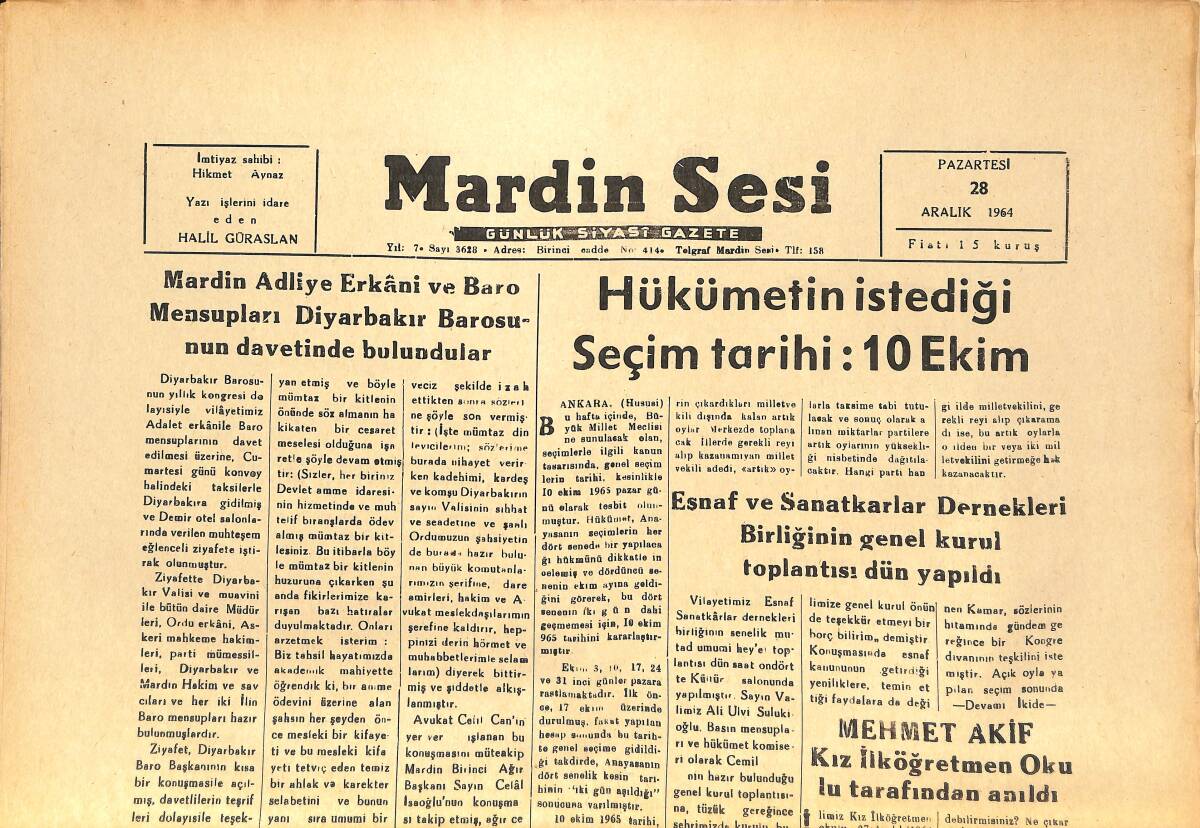 Mardin Sesi Gazetesi 28 Aralık 1964 - Hükümetin İstediği Seçim Tarihi: 10 Ekim - Şehrimize Gelmekte Olan Taksinin Üzerine Kaya Yuvarlandı GZ136618 - 1