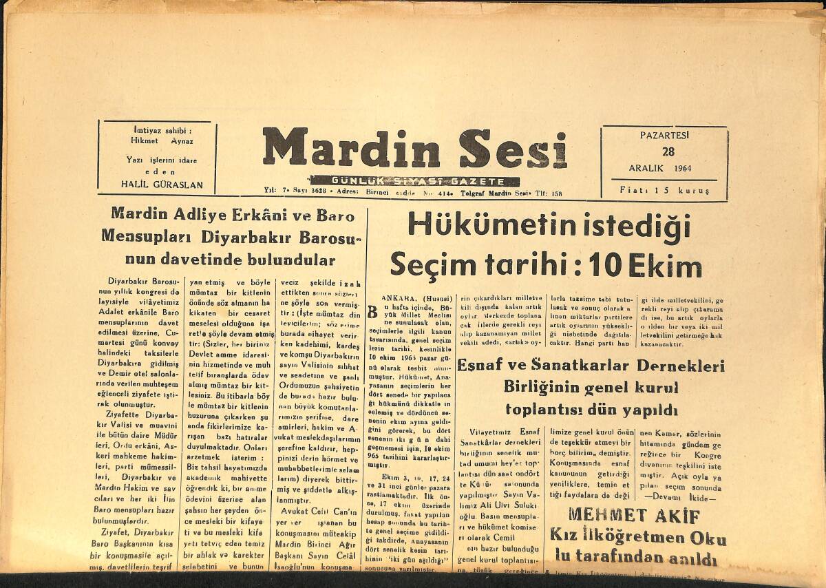 Mardin Sesi Gazetesi 28 Aralık 1964 - Şehrimiz Bu Yıl Da Atletizm Grup Merkezi Oldu - Mehmet Akif Kız İlköğretmen Okulu Tarafından Anıldı GZ154410 - 1