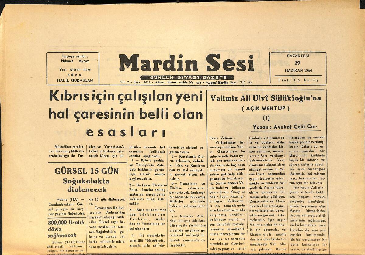 Mardin Sesi Gazetesi 29 Haziran 1964 - Kıbrıs İçin Çalışılan Yeni Hal Çaresinin Belli Olan Esasları - Galatasaray Hazır, Altay Oynamıyor GZ154418 - 1