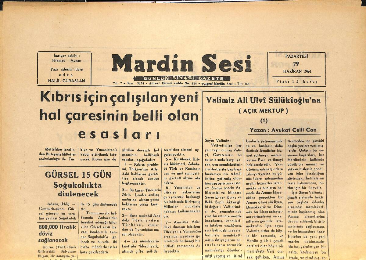 Mardin Sesi Gazetesi 29 Haziran 1964 - Kıbrıs İçin Çalışılan Yeni Hal Çaresinin Belli Olan Esasları - Gürsel 15 Gün Soğukolukta Dinlenecek GZ136622 - 1