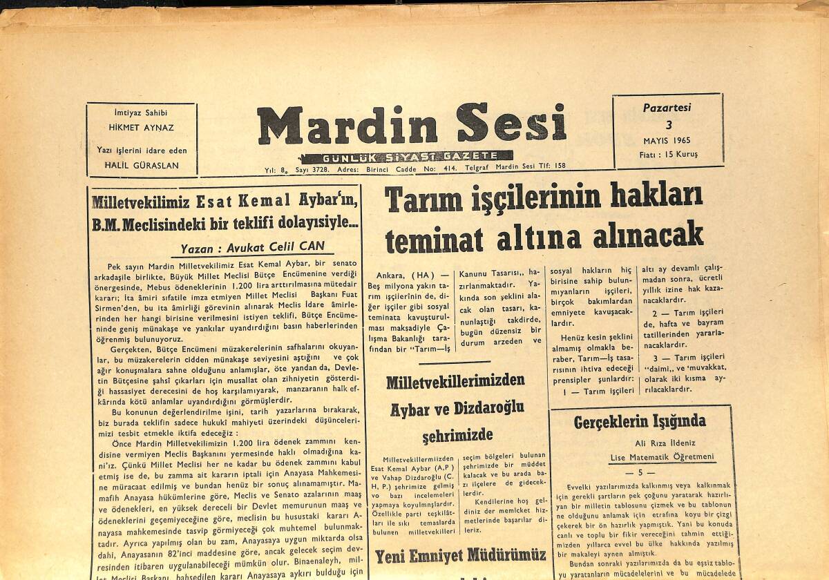 Mardin Sesi Gazetesi 3 Mayıs 1965 - Milletvekillerimizden Aybar Ve Dizdaroğlu Şehrimizde - Mardin Lisesi 6-1 Ticaret Lisesi GZ154409 - 1