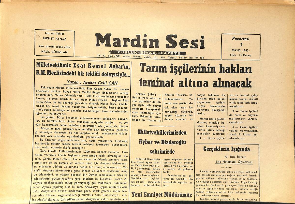 Mardin Sesi Gazetesi 3 Mayıs 1965 - Milletvekillerimizden Aybar Ve Dizdaroğlu Şehrimizde - Mardin Lisesi 6-1 Ticaret Lisesi GZ154421 - 1