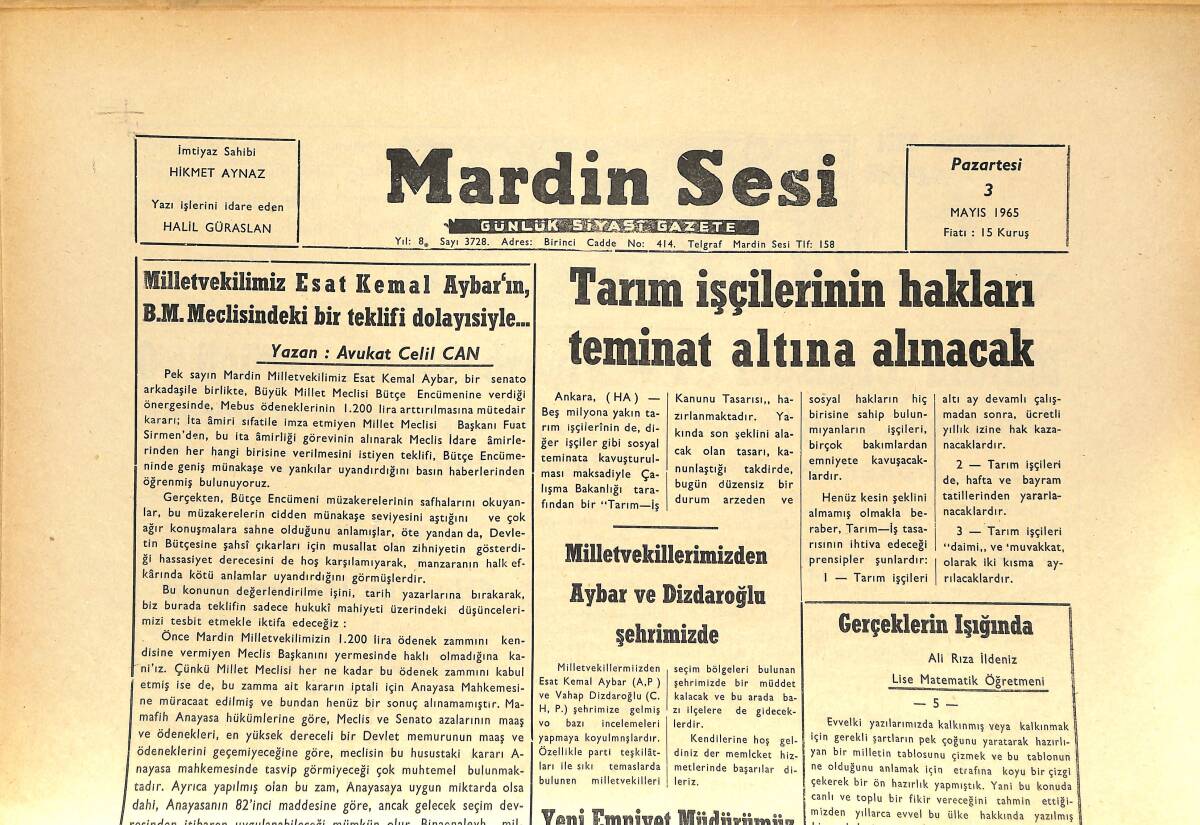 Mardin Sesi Gazetesi 3 Mayıs 1965 - Tarım İşçilerinin Hakları Teminat Altına Alınacak - Milletvekillerimizden Aybar ve Dizdaroğlu Şehrimizde GZ136586 - 1