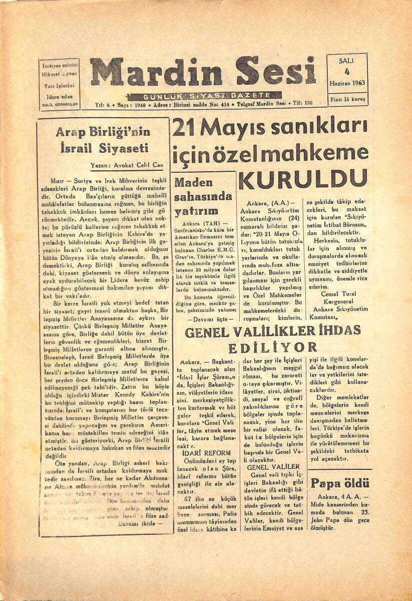 Mardin Sesi Gazetesi 4 Haziran 1963 - 21 Mayıs Sandıkları İçin Özel Mahkeme Kuruldu - Papa Öldü GZ136580 - 1