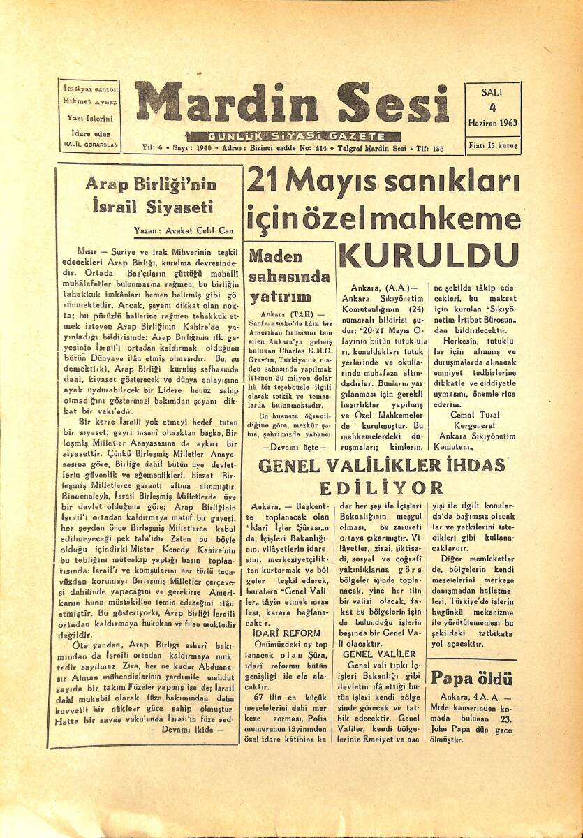 Mardin Sesi Gazetesi 4 Haziran 1963 - 21 Mayıs Sandıkları İçin Özel Mahkeme Kuruldu - Papa Öldü GZ154058 - 1
