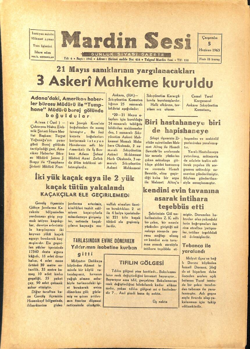 Mardin Sesi Gazetesi 5 Haziran 1963 - 21 Mayıs Sanıklarının Yargılanacakları 3 Askeri Mahkeme Kuruldu GZ154403 - 1