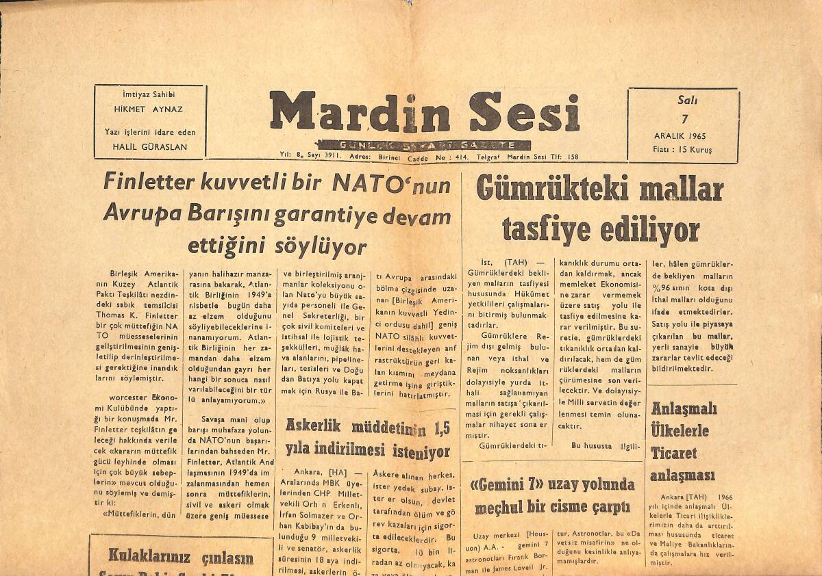 Mardin Sesi Gazetesi 7 Aralık 1965 - Gümrükteki Mallar Tasfiye Ediliyor - Anlaşmalı Ülkelerle Ticaret Anlaşması GZ136616 - 1