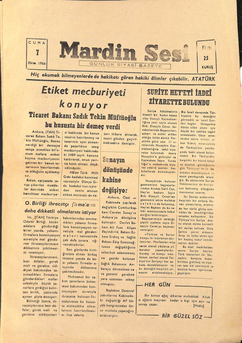 Mardin Sesi Gazetesi 7 Ekim 1966 - Etiket Mecburiyeti Konuyor - Suriye Heyeti İadei Ziyarette Bulundu GZ136614 - 1