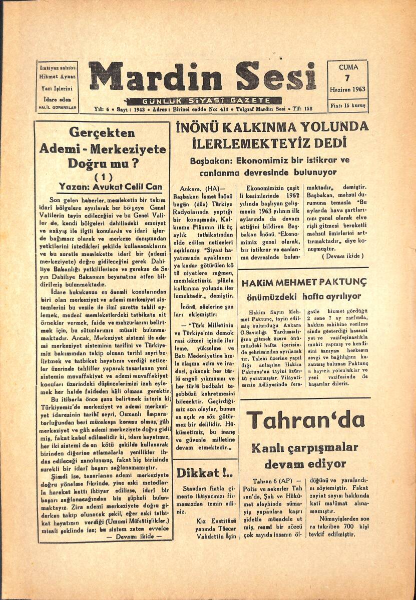 Mardin Sesi Gazetesi 7 Haziran 1963 - İnönü Kalkınma Yolunda İlerlemekteyiz Dedi - Tahran'da Kanlı Çarpışmalar Devam Ediyor GZ136584 - 1