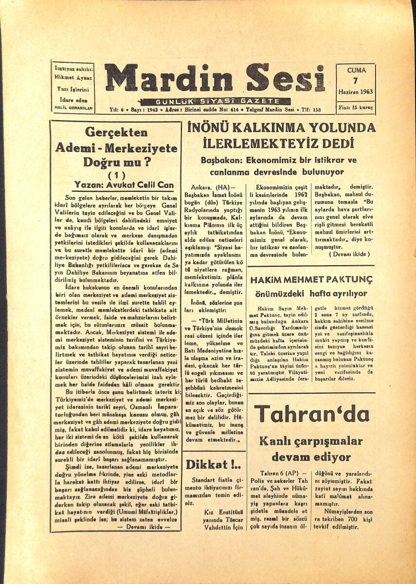 Mardin Sesi Gazetesi 7 Haziran 1963 - İnönü Kalkınma Yolunda İlerlemekteyiz Dedi - Tahran'da Kanlı Çarpışmalar Devam Ediyor GZ154049 - 1