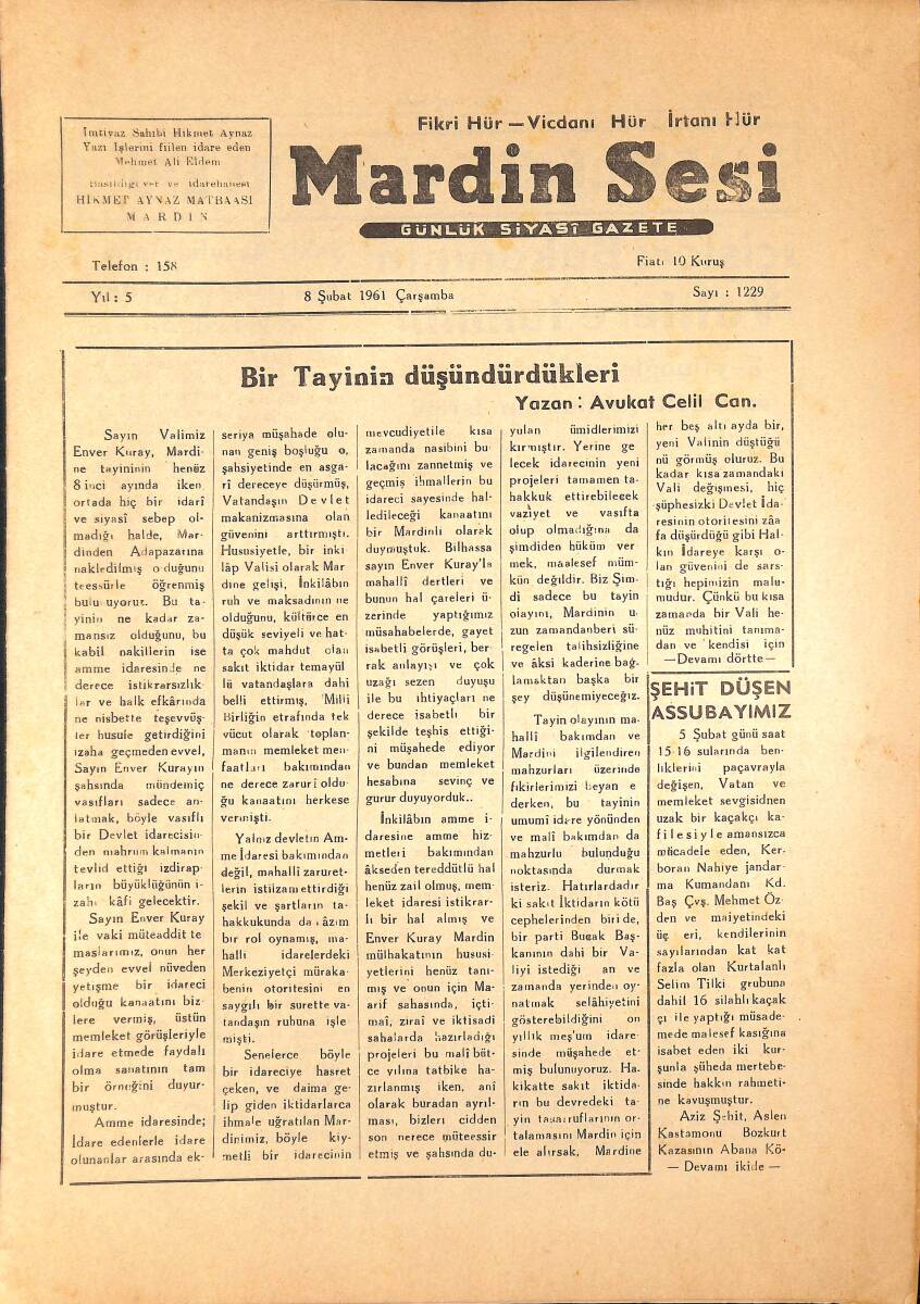 Mardin Sesi Gazetesi 8 Şubat 1961 - İçişleri Bakanının Valilere Tamimi - Milli Eğitim Bakanı Feyzioğlu Seçildi GZ136582 - 1