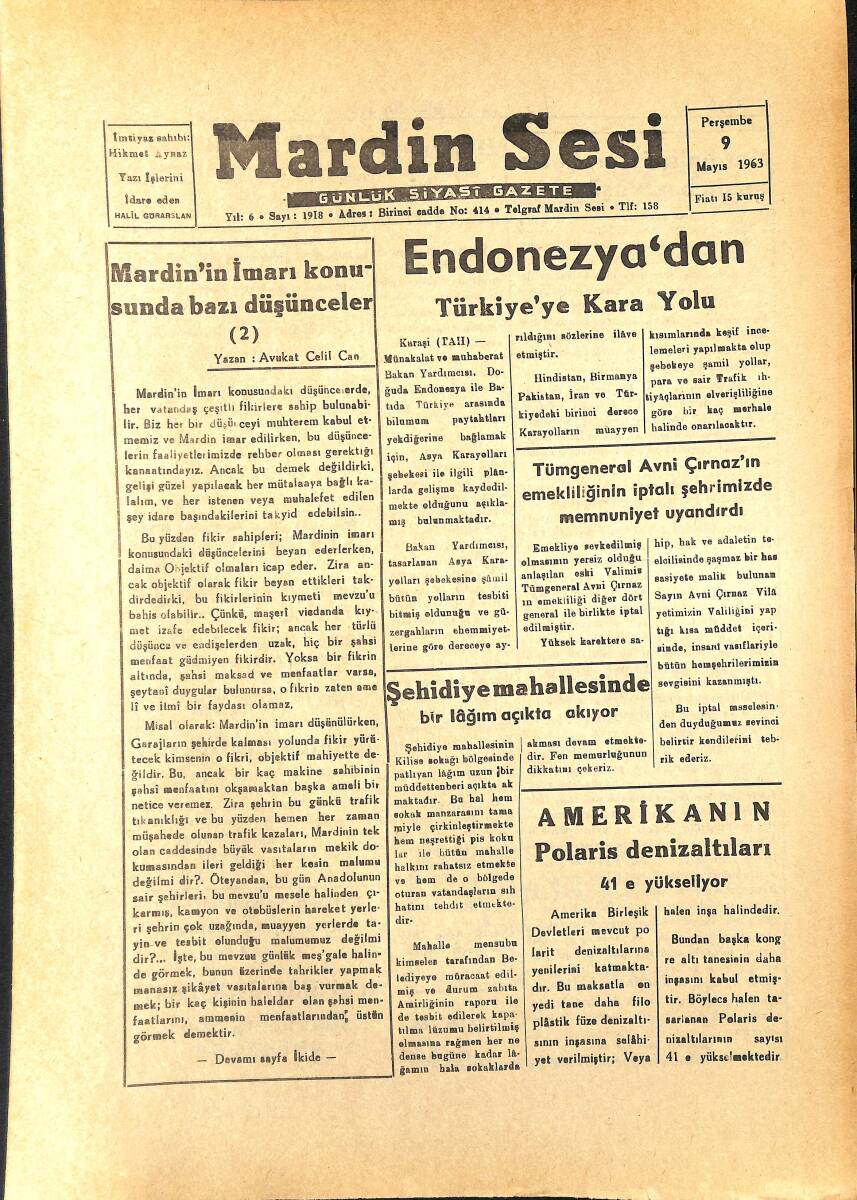 Mardin Sesi Gazetesi 9 Mayıs 1963 - Amerikan Polis Denizaltıları 41'e Yükseliyor GZ154052 - 1