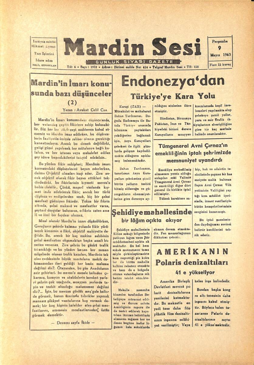 Mardin Sesi Gazetesi 9 Mayıs 1963 - Endonezya'dan Türkiye'ye Kara Yolu - Amerika'nın Polaris Denizaltıları 41'e Yükseliyor GZ136606 - 1