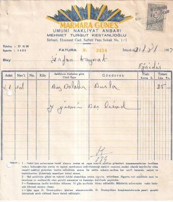 Marmara Güneş Umumi Nakliyat Ambarı Mehmet Turgut Kestanlıoğlu İstanbul 1962 Buzdolabı Nakliyat Faturası - 2