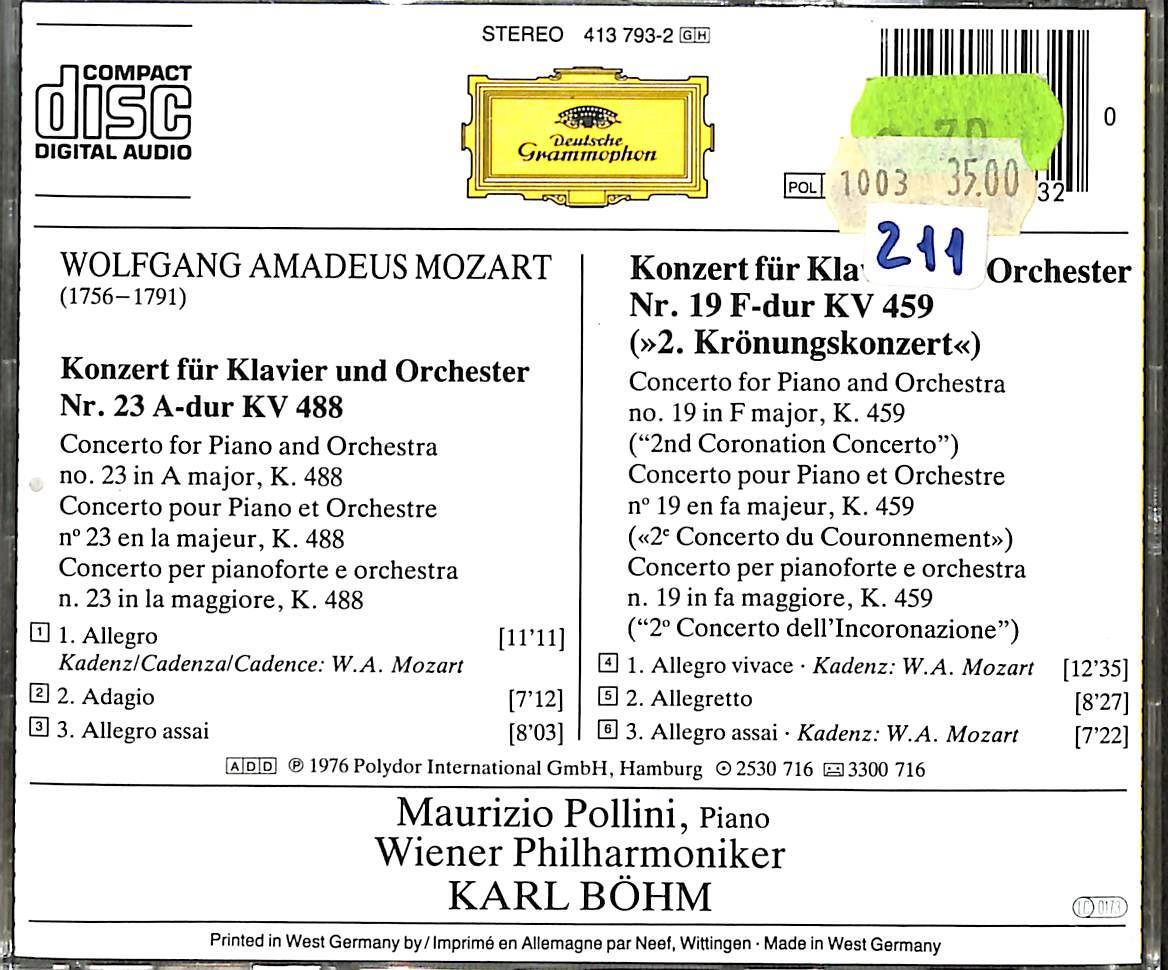 Maurizio Pollini Mozart Piano Concerto No.23 & 19 Karl Bohm CD (İkinci El) CD4121 - 2