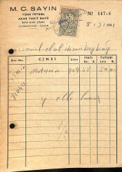 M.C.Sayın Türk Petrol Akaryakıt Bayii Motorin Faturası Damga Pullu 1961 EFM(N)10861 - Gökçekoleksiyon