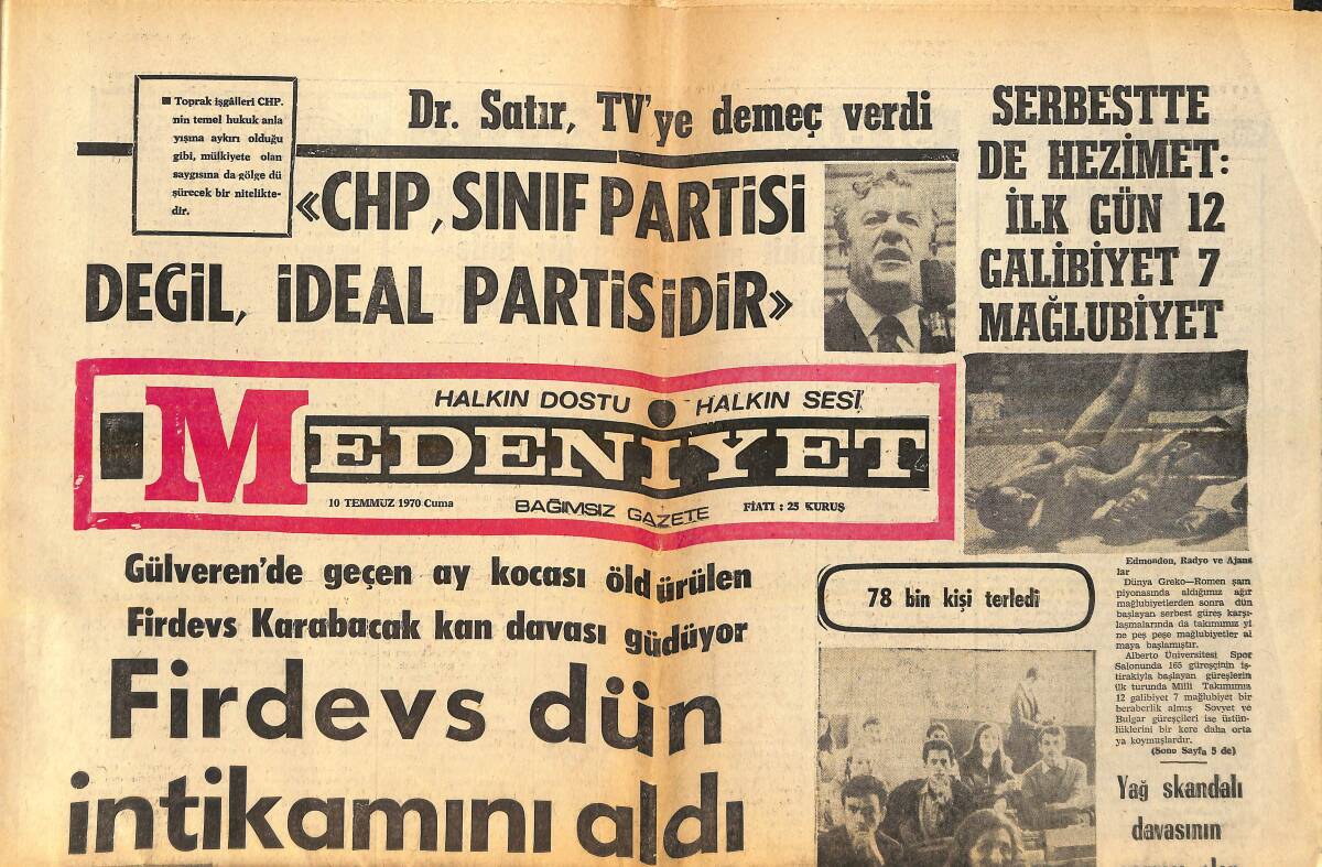 Medeniyet Gazetesi 10 Temmuz 1970 - Raquel Welch, Kocam Beni Çıplaklığa Zorluyor - Yılmaz Güney, Hülya Koçyiğit'le Altı Yıl Sonra Birleştiler GZ157101 - 1