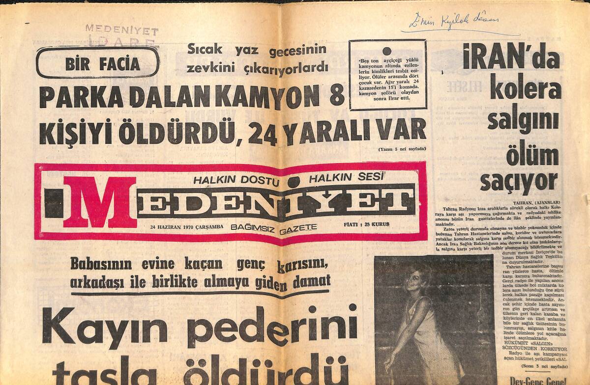 Medeniyet Gazetesi 24 Haziran 1970 - Füsun Önal Sakin Bir Hayat Yaşıyor - 1968 Türkiye Güzeli Zuhal Aktan GZ157103 - 1