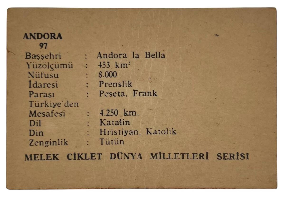 MELEK Sakızı 1960s Milletler Seriisi ANDORA Sakız Kağıdı Stickers No 97 # SKZ1089 - 2