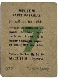MELTEM Sakızı Kartları No 72 TÜRKAN ŞORAY # SKZ1619 - 2