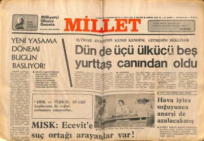 Millet Gazetesi 1 Kasım 1978 - Üçü Ülkücü Beş Vatandaş Canından Oldu GZ66424 - 2