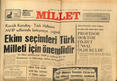 Millet Gazetesi 12 Eylül 1979 - Profesör Doktor Fikret Ünsal Öldürüldü GZ89541 - 1