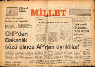 Millet Gazetesi 16 Aralık 1977 - CHPden Bakanlık Sözü Alınca APden Ayrıldılar GZ89673 - 1
