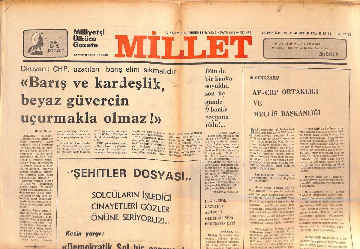 Millet Gazetesi 17 Kasım 1977 - İran Şahı'nın Beyaz Saray'a Gelişinde Olaylar Çıktı - Şehitler Dosyası GZ134683 - 1