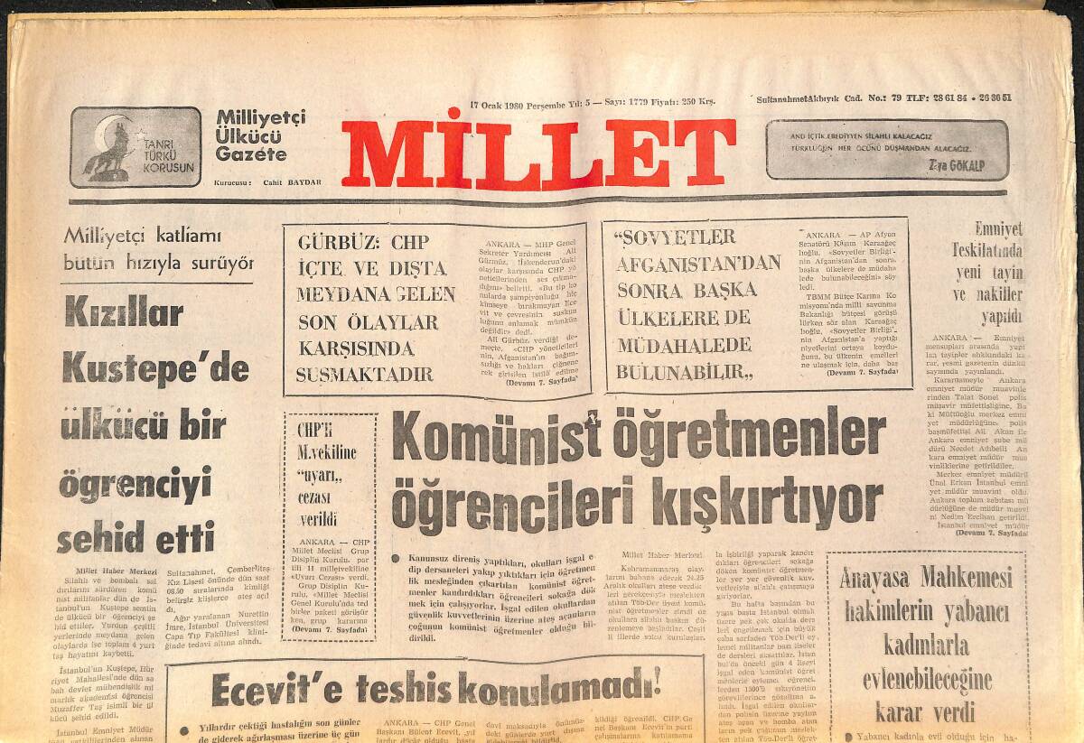 Millet Gazetesi 17 Ocak 1980 - Komünist Öğretmenle Öğrencileri Kışkırtıyor - Galatasaray 75. Kuruluş Yıldönümü Dolayısıyla Kokteyl Verecek GZ142109 - 1