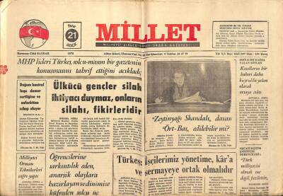 Millet Gazetesi 21 Aralık 1975 - MHP Lideri Türkeş Solcu Mason Bir Gazetenin Konuşmasını Tabrif Ettiğini Açıkladı GZ89594 - 1