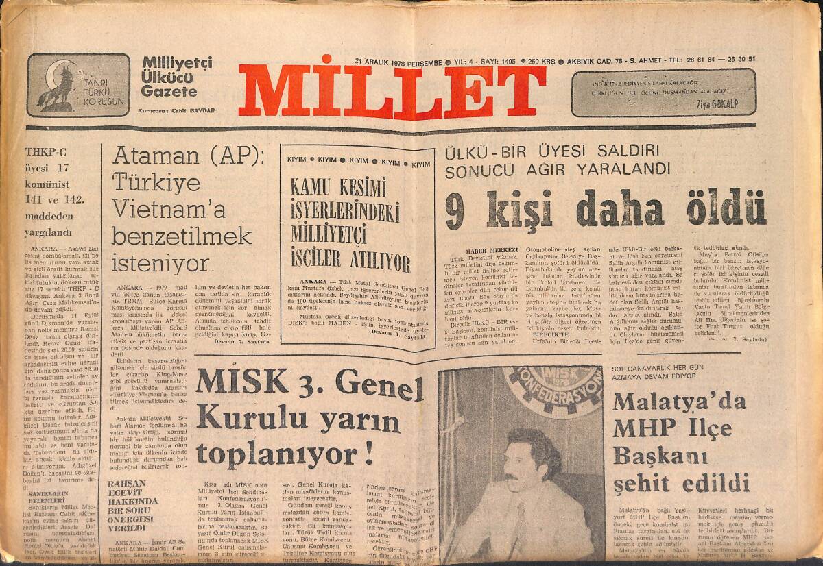 Millet Gazetesi 21 Aralık 1978 - THY İçin Senato Araştırması İstendi - Misk 3. Genel Kurulu Yarın Toplanıyor ! GZ149469 - 1