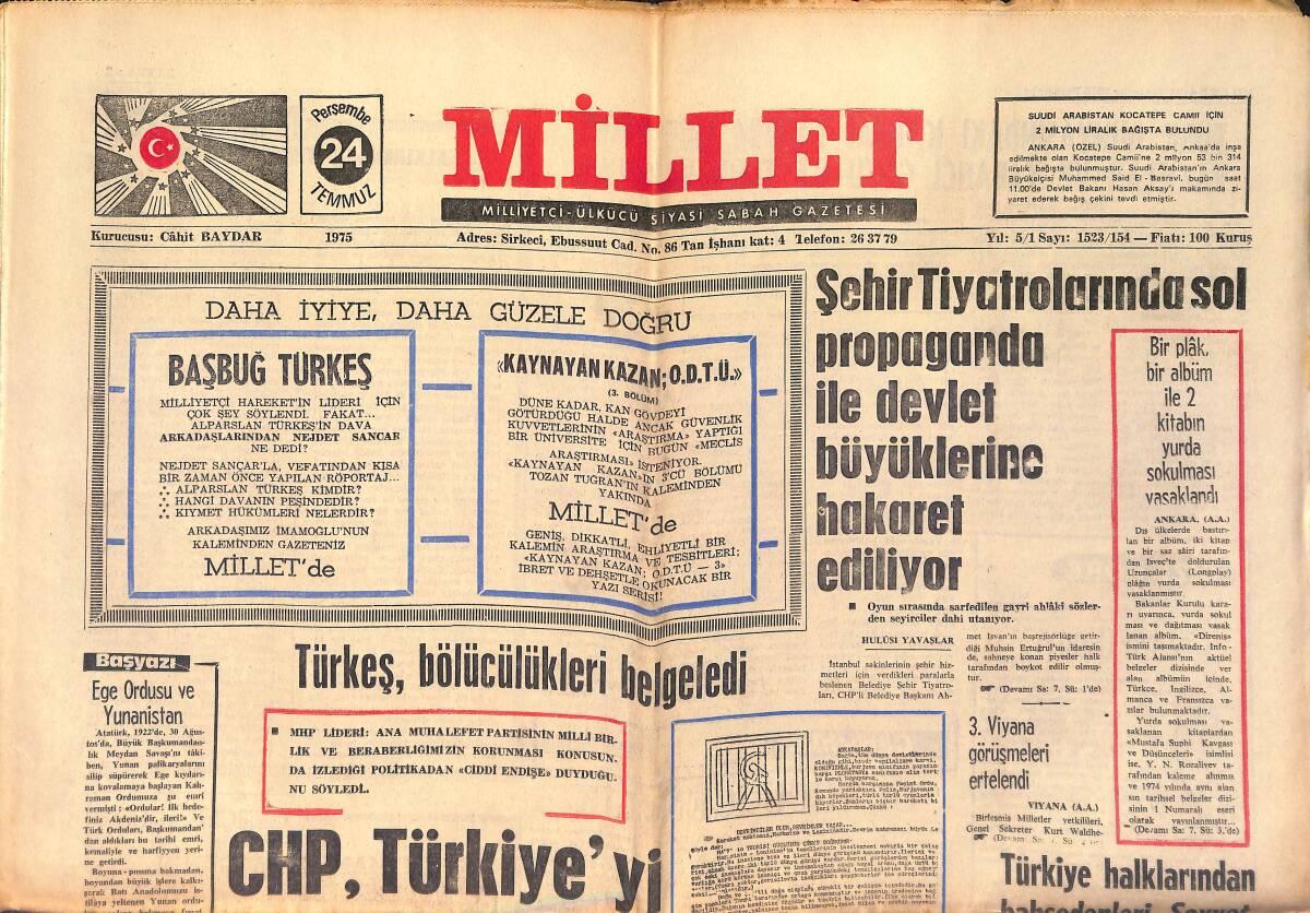 Millet Gazetesi 24 Temmuz 1975 - Türkeş , Bölücülükleri Belgeledi - İnsan Taşıyan Balonlar Nasıl İcat Edilmişti ? GZ158700 - 1