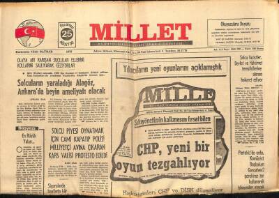 Millet Gazetesi 25 Ağustos 1975 - Sıkıyönetimin Kalkmasını Fırsat Bilen CHP Yeni Bir Oyun Tezgahlıyor GZ89716 - 1