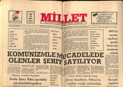 Millet Gazetesi 25 Mart 1977 - Komünizmle Mücadelede Ölenler Şehit Sayılıyor GZ72527 - 2