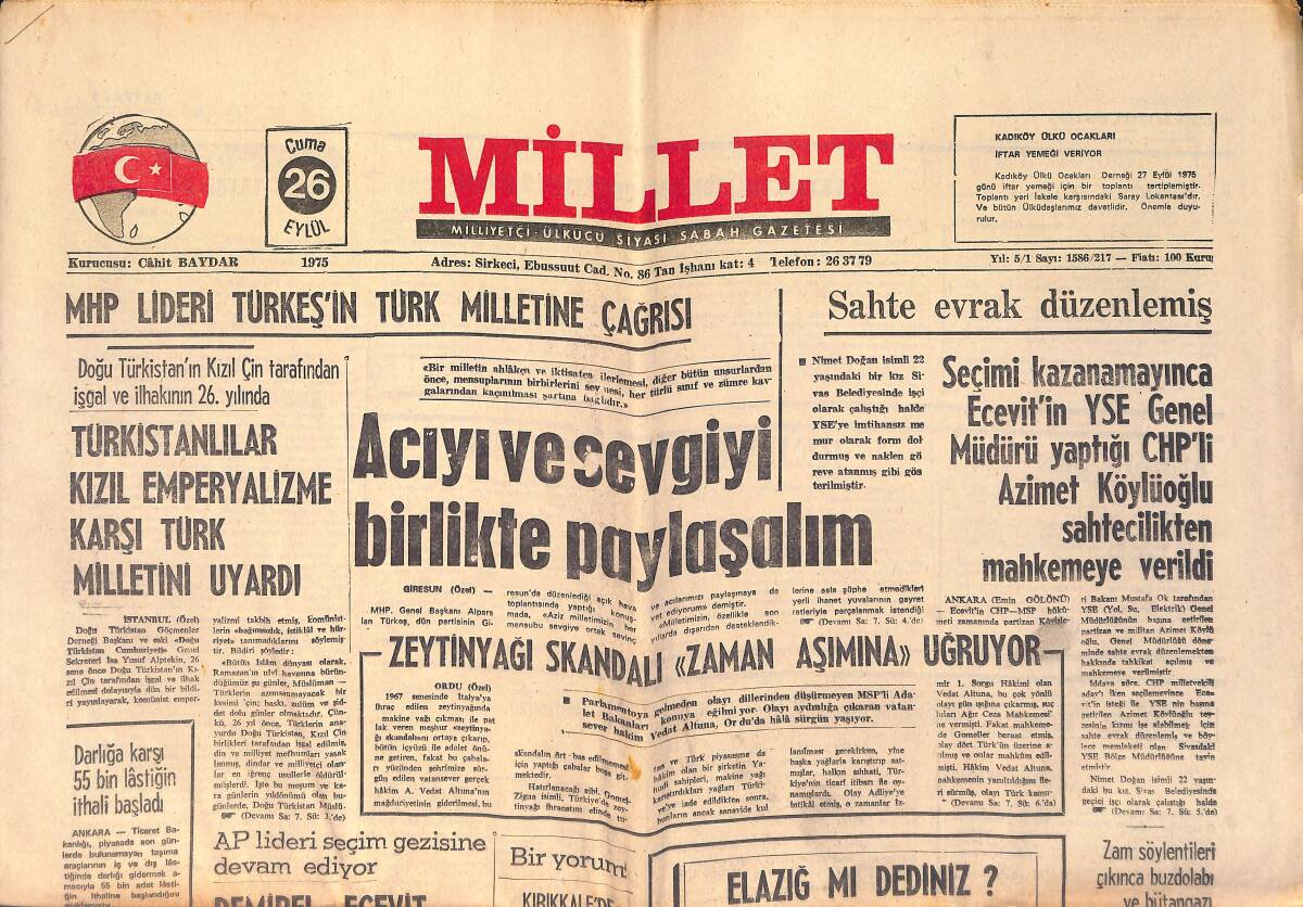 Millet Gazetesi 26 Eylül 1975 - Aksay , Karayolu İle Hacca Gitmek İsteyenlere Pasaport Verildiğini Söyledi GZ158703 - 1