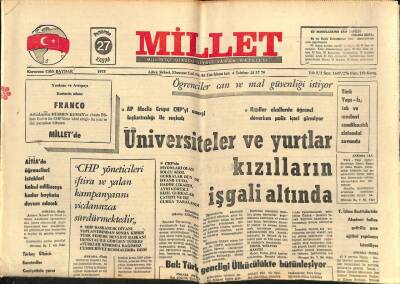 Millet Gazetesi 27 Kasım 1975 - Türkeş Ülkücü Gazeteciler Cemiyetinin Yarın Akşamki Gecesinde Hazır Bulunacak GZ91524 - 1
