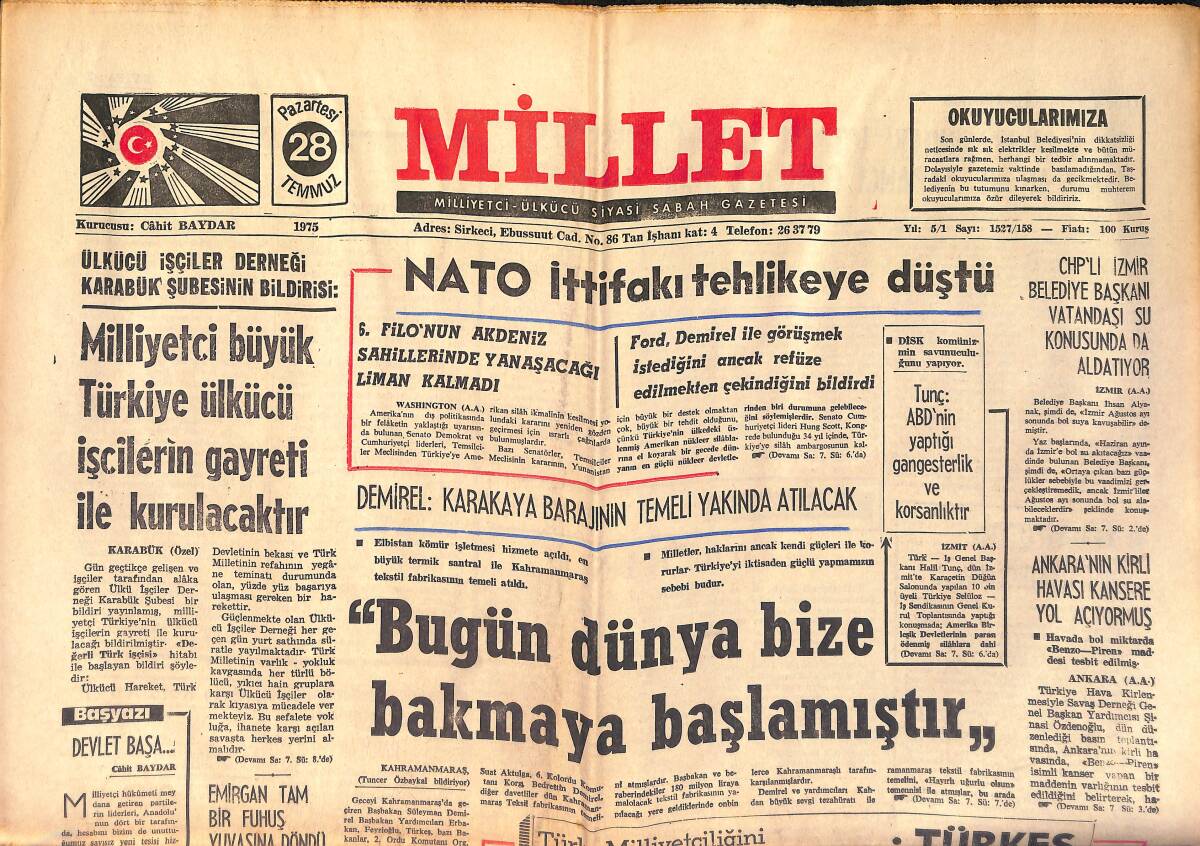 Millet Gazetesi 28 Temmuz 1975 - Çorum Eğitim Enstitüsünde Ülkücü Öğrencilere Ağır Baskı Yapılıyor GZ158696 - 1