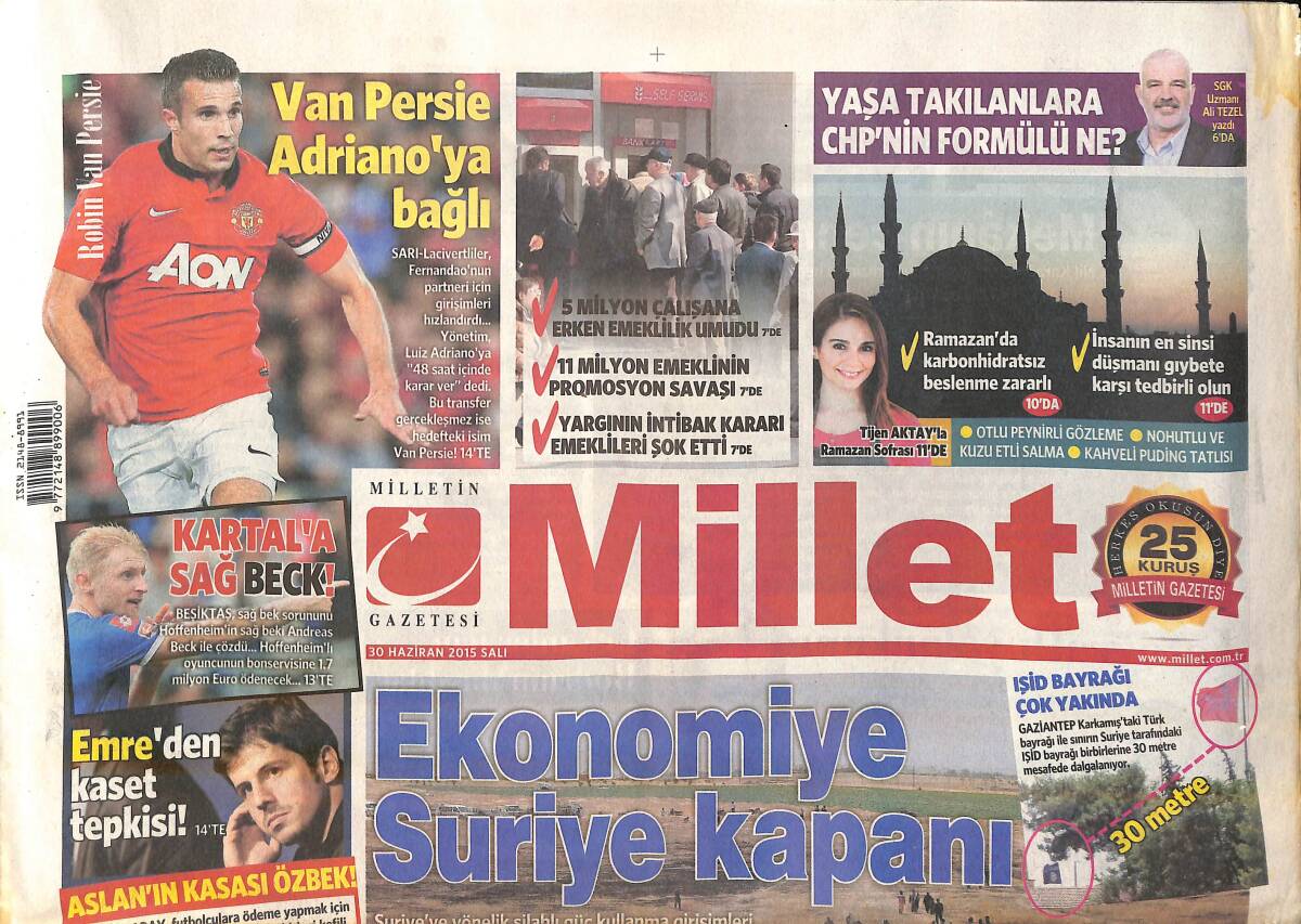 Millet Gazetesi 30 Haziran 2015 - Van Persie Adriano'ya Bağlı - Deniz Seki'den Klip Teşekkürü GZ159823 - 1