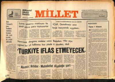 Millet Gazetesi 31 Ekim 1977 - Türkiye İflas Etmeyecek GZ89810 - 1